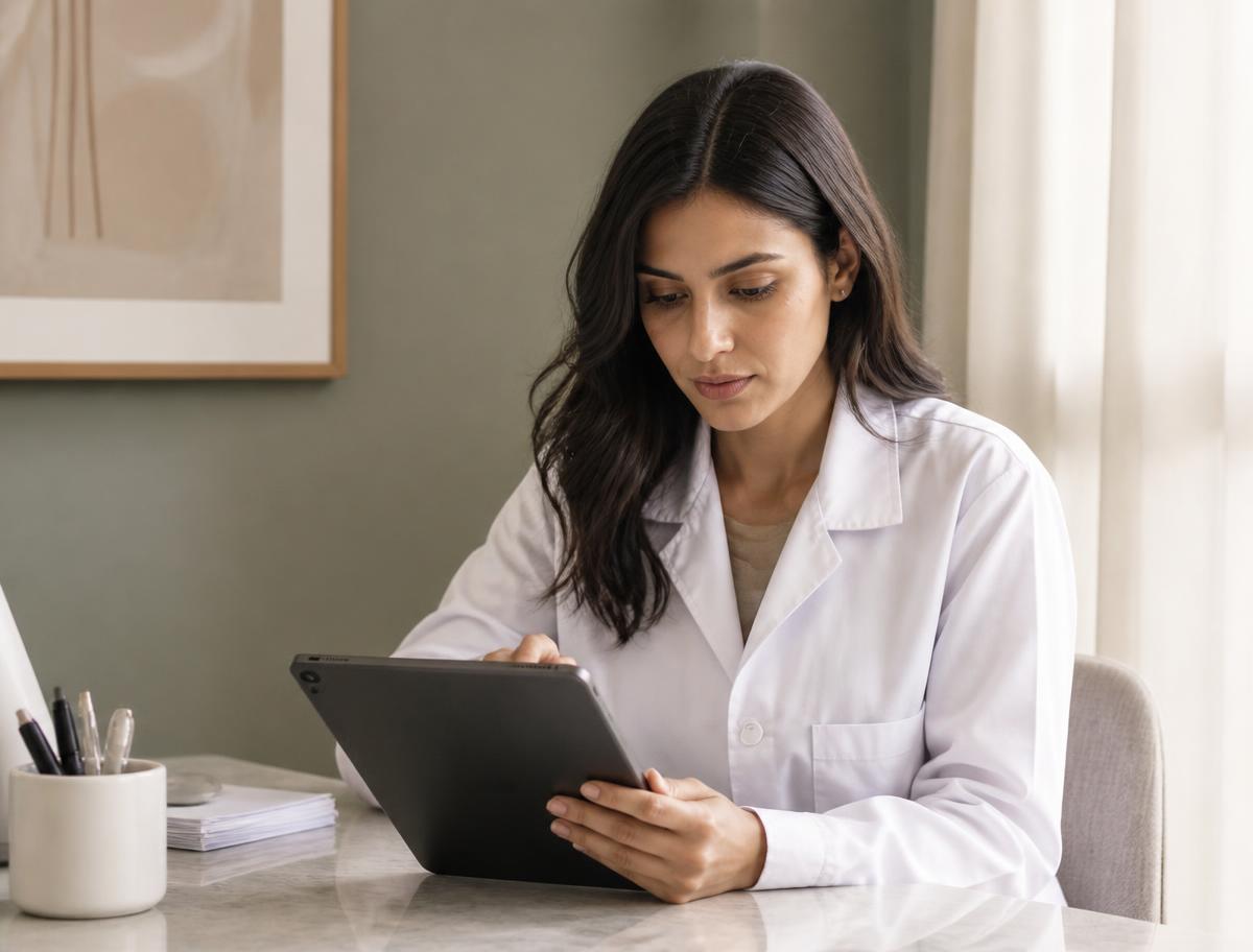 Biomédica esteta conferindo a agenda do dia em um tablet no consultório