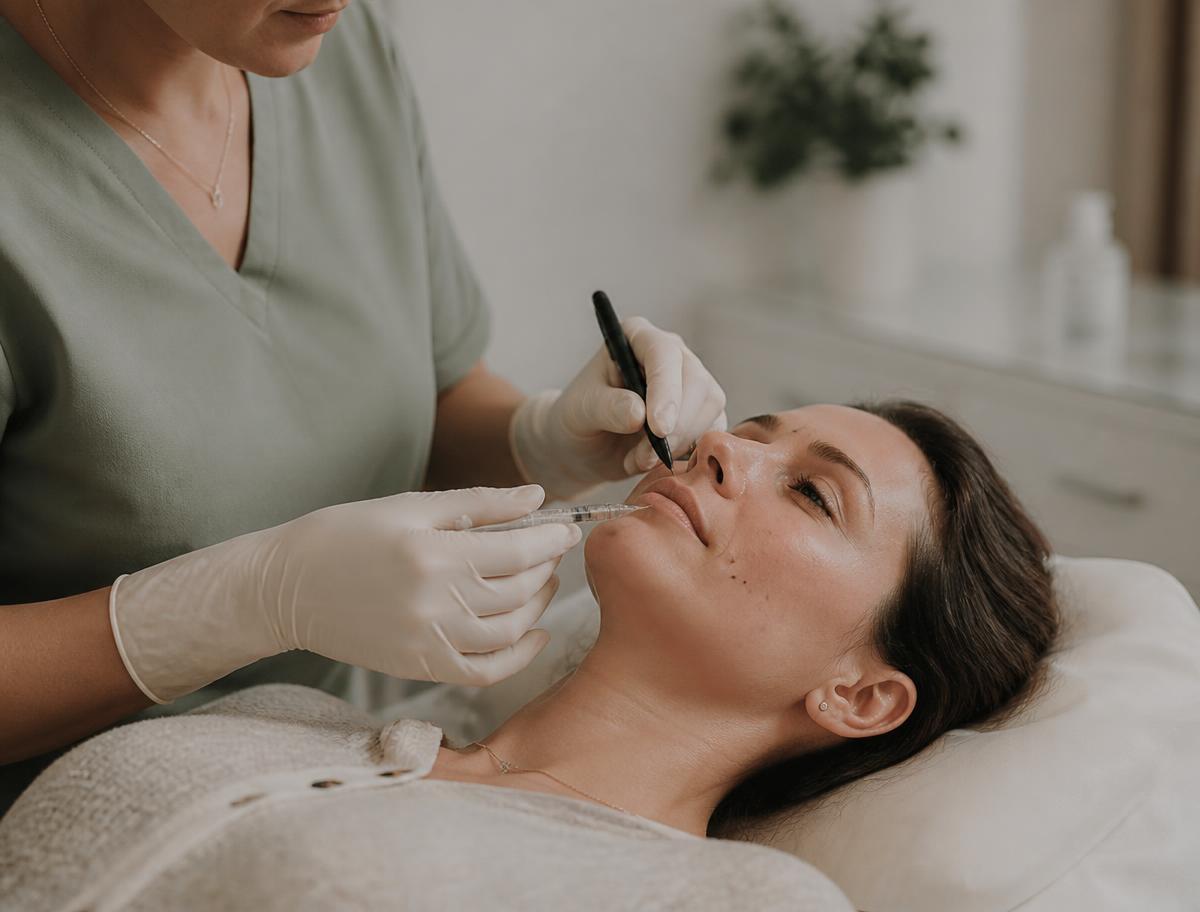 Profissional aplicando injetável facial em paciente na maca