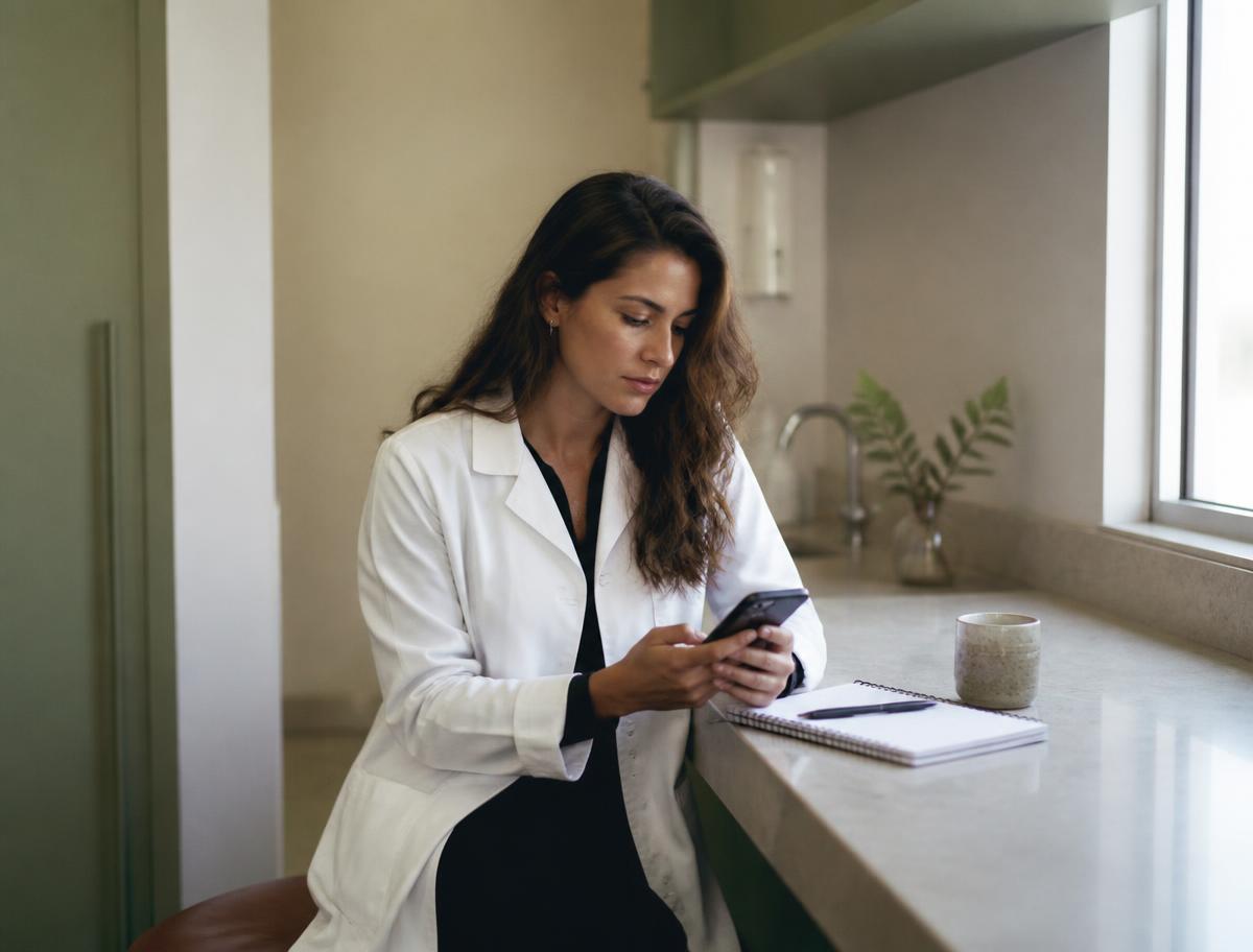 Biomédica revisando o fechamento financeiro do dia no celular