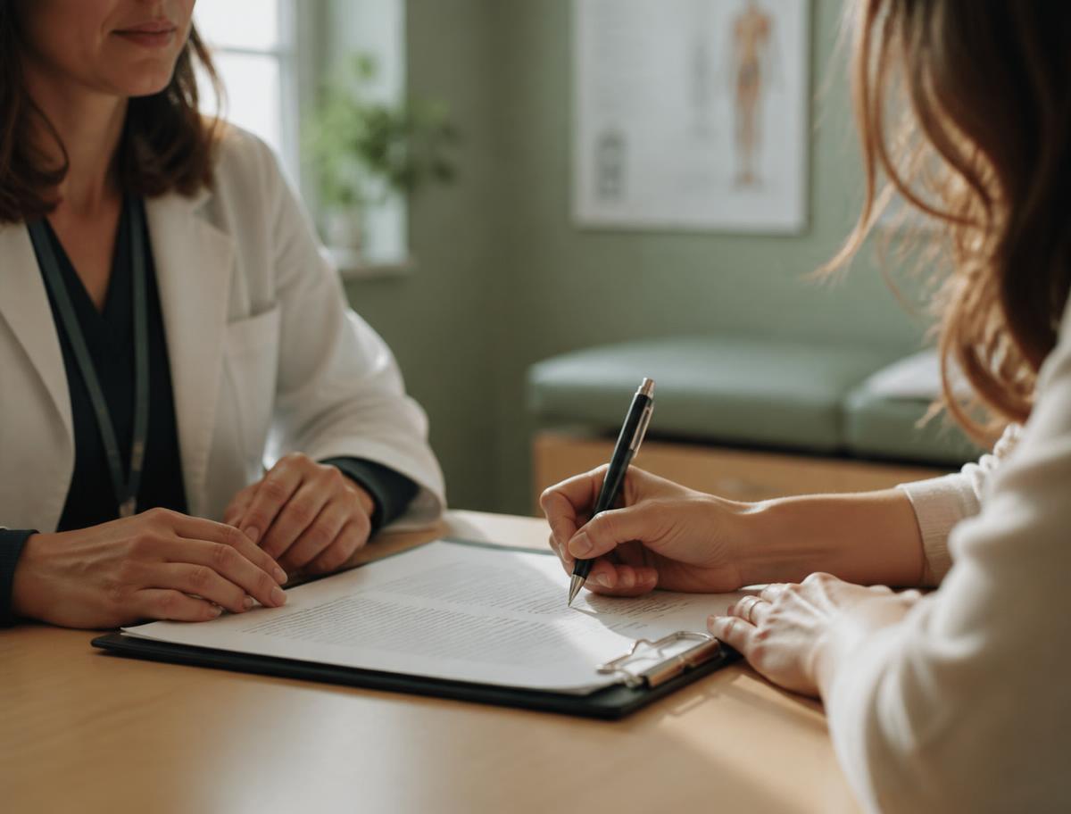 Paciente assinando o termo de consentimento sobre a mesa do consultório